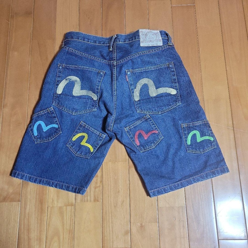 EVISU Denim Short Pants Many Pockets Indigo Blue Men's Size 32 Used from Japan