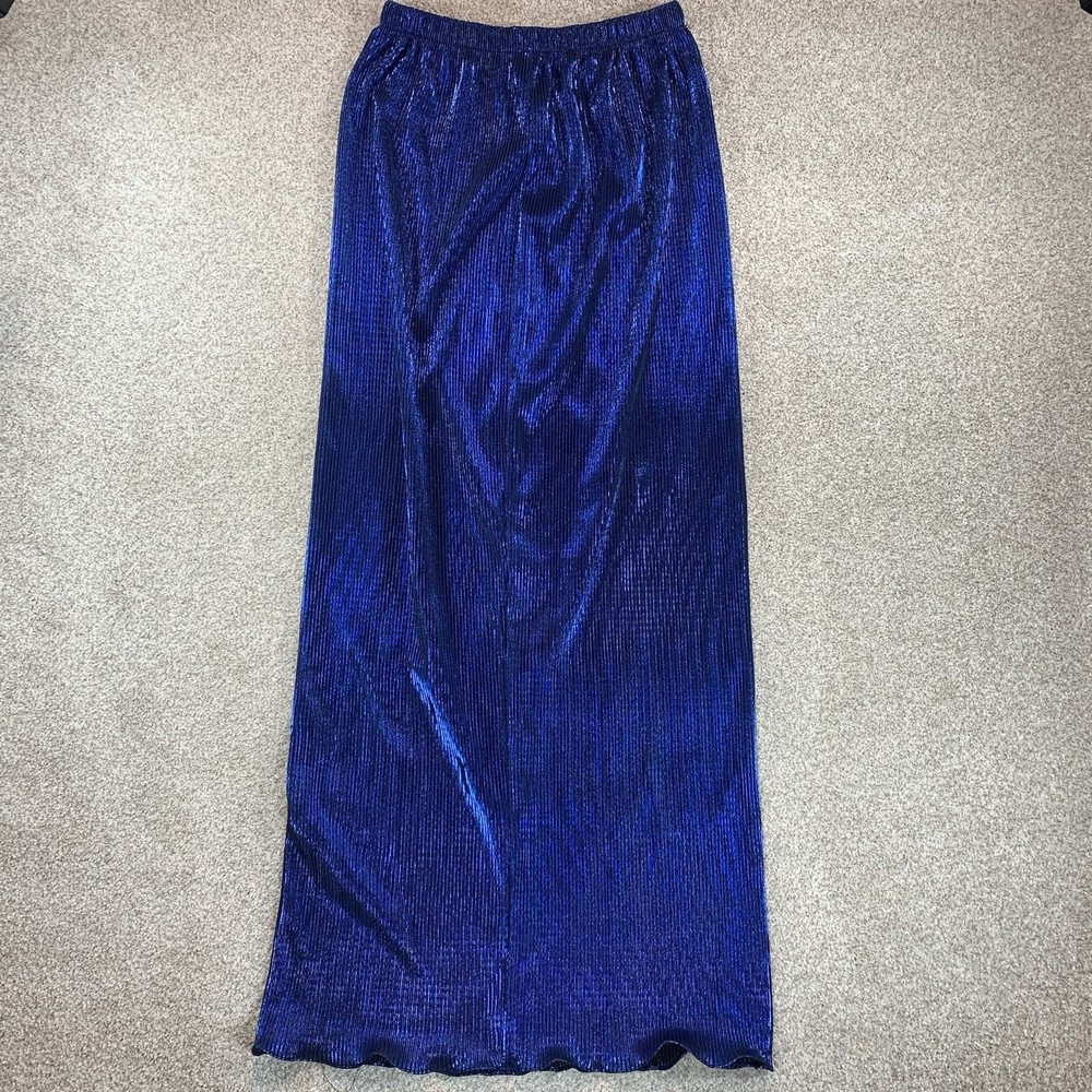 VTG Shimmer Crimped Skirt M 90s Royal Blue Polyester Long