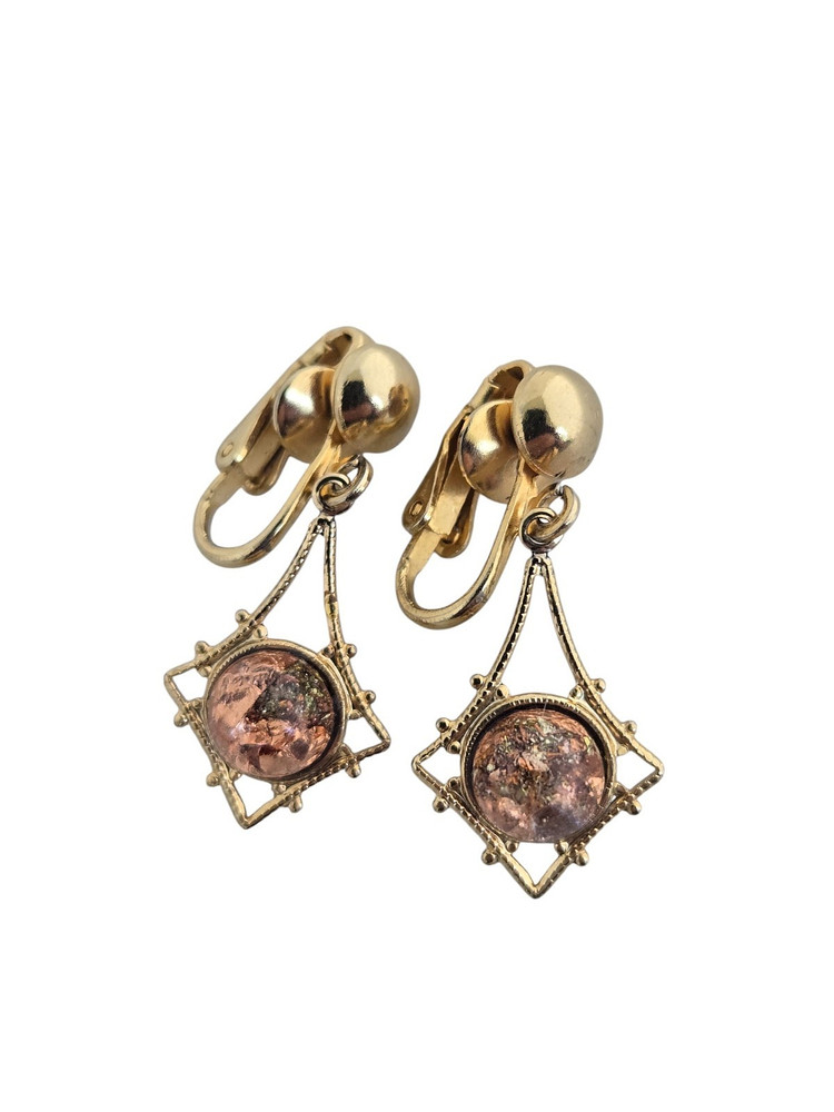 Vintage Gold Tone Drop/Dangle Clip Earrings w/ Confetti Lucite Cabochons