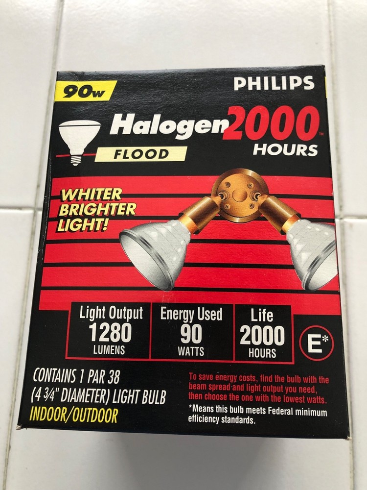 Philips 90 Watt Indoor/Outdoor Halogen Flood Light. Par 38. 1280 Lumens