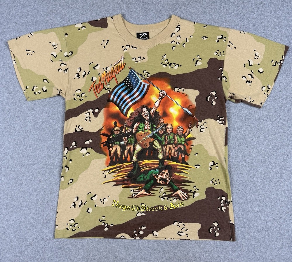 Vintage Y2K Ted Nugent Double Sided Rock Band Tour Camo T-Shirt Size L 2003