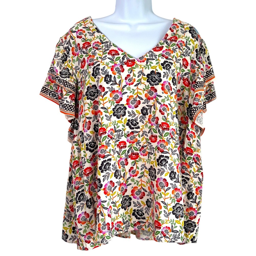 Cynthia Rowley Womens Colorful Floral Blouse Ruffle Sleeve Size 2X Cottage Boho