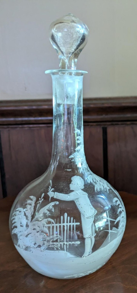Antique Victorian Mary Gregory Style Glass Decanter w/ Stopper – Enamel Boy/Fern