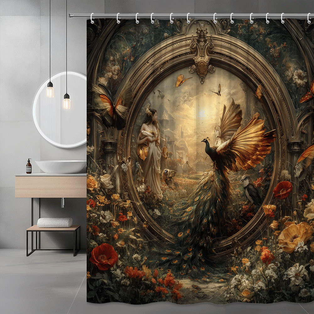 Peacock and Floral Fantasy Shower Curtain Gothic Art Print