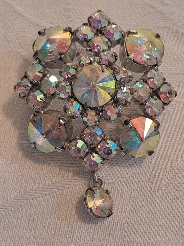 Vintage Aurora Borealis Rhinestone Cluster Silvertone W/Dangle Brooch