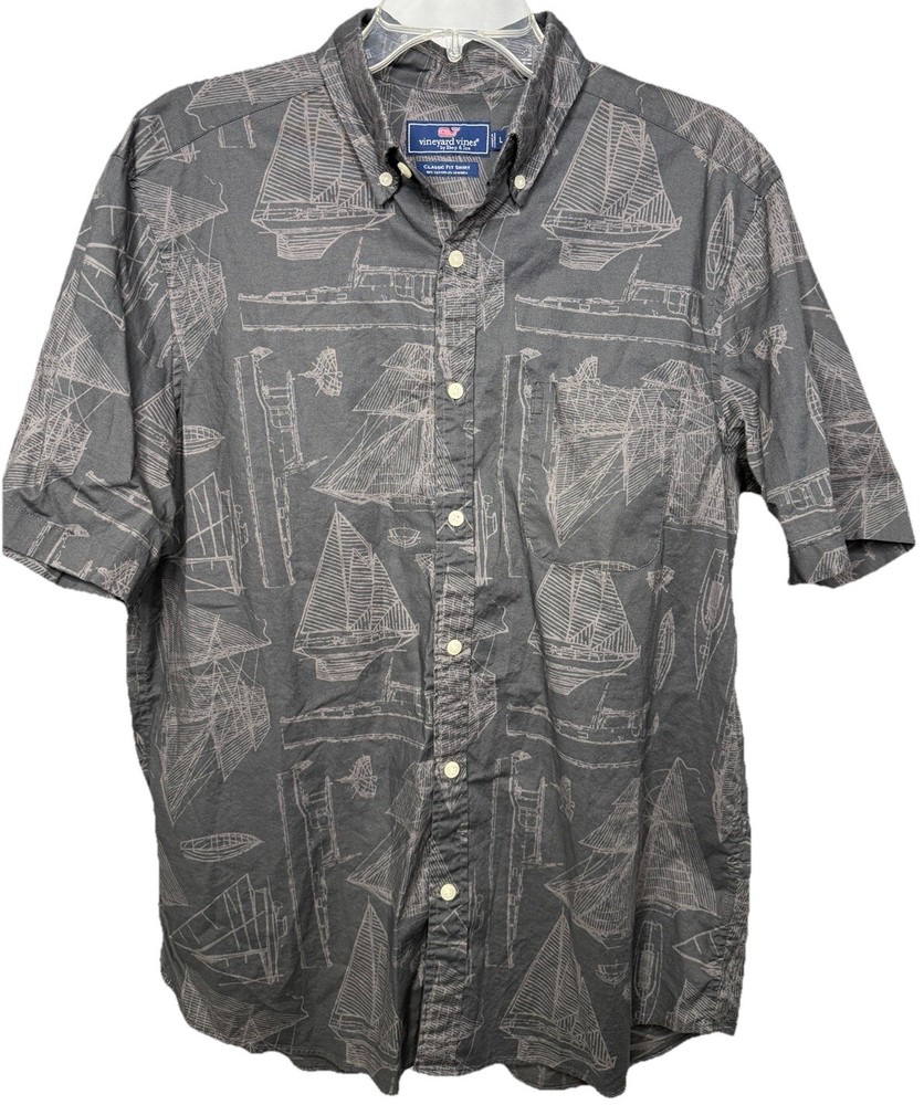 Vineyard Vines Mens Large Gray Sailboat Classic Fit Short Sleeve Button Up Shirt