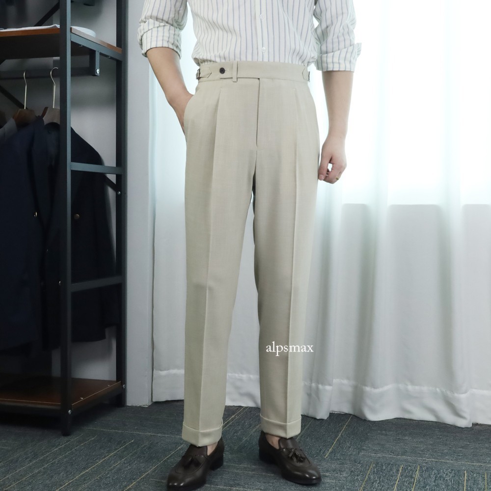 Men's Gurkha Trousers Adjustable Waist Straight Fit Linen Blend Suit Pants