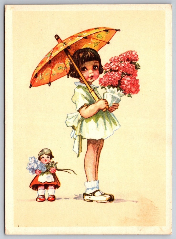 Little Girl with Flower Umbrella AL Salac Cartoon French 4x6 Linen Postcard CO2