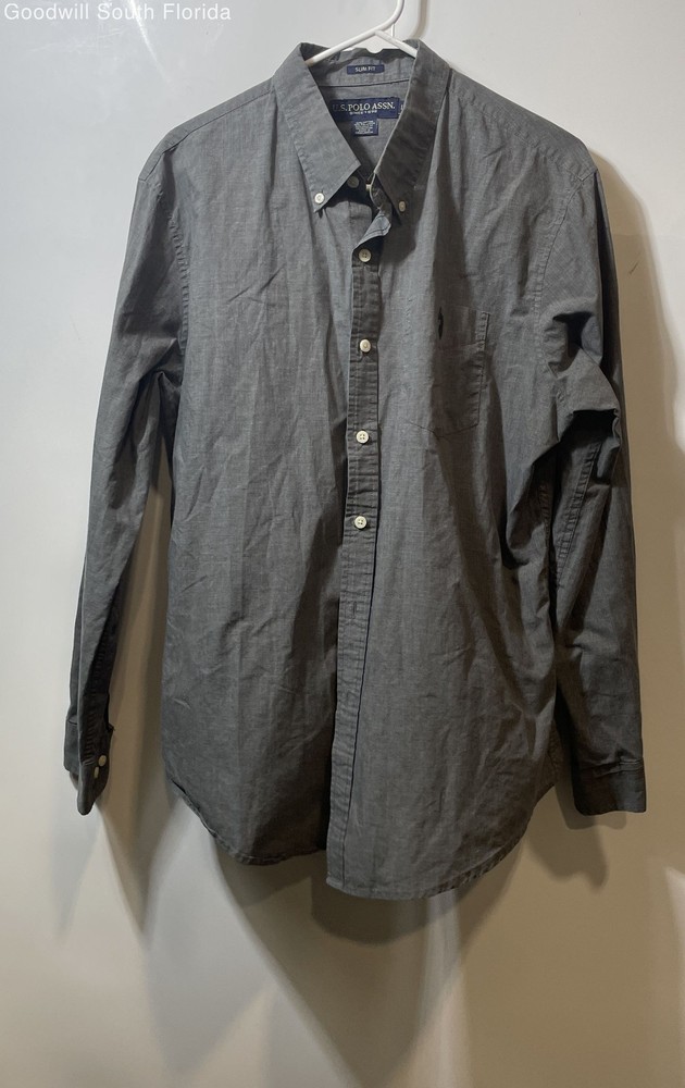 U.S Polo Assn. Mens Gray Long Sleeve Collared Slim-Fit Button-Up Shirt Size L