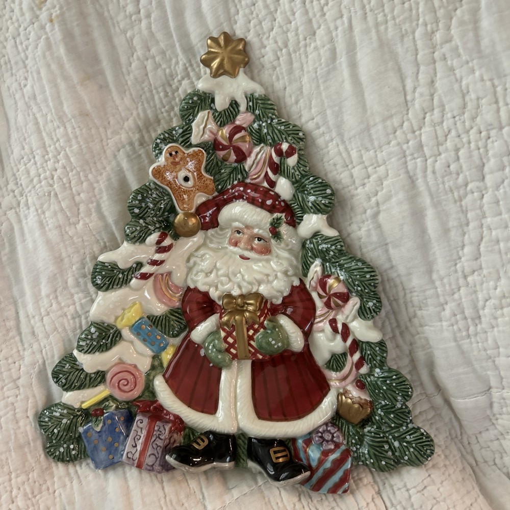 Vtg Fitz & Floyd Candy Lane Canape Plate Santa Claus Christmas Tree Serving Dish
