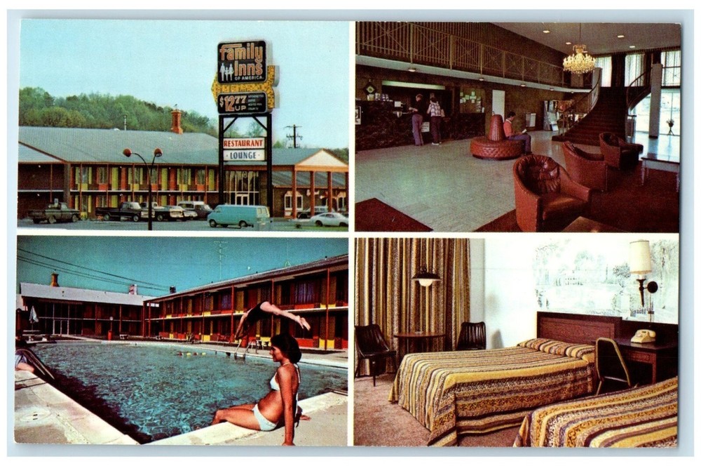 c1960 Family Inns America Hotel Foothills Newport Tennessee Multiview Postcard