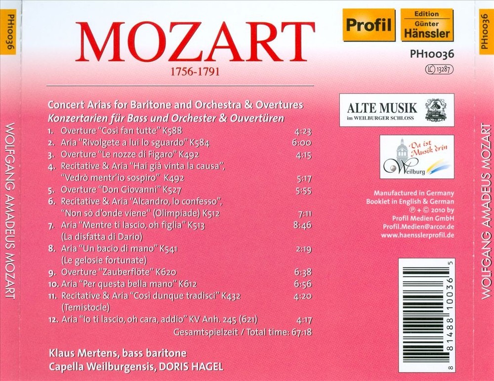 Klaus Mertens/Doris Hagel Mozart: Arias & Overtures New Cd