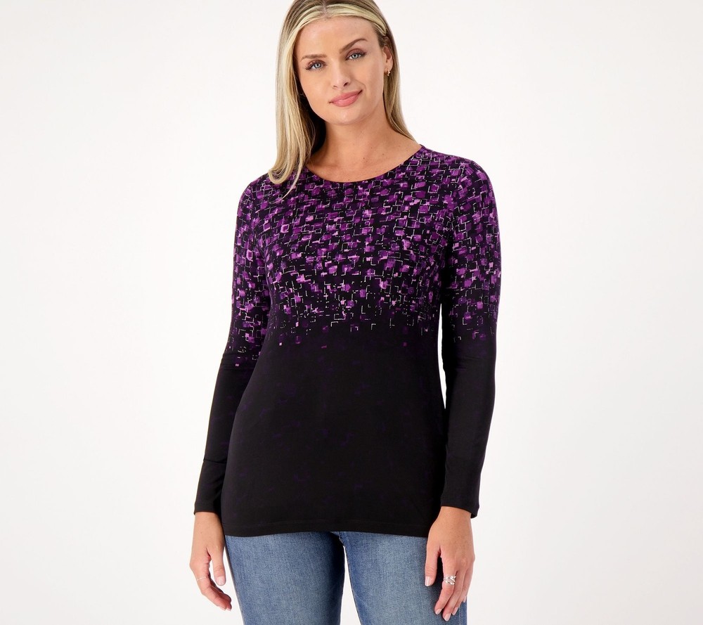 Susan Graver Women's Top Sz S Foil Printed Liquid Knit Long Sleeve Purple