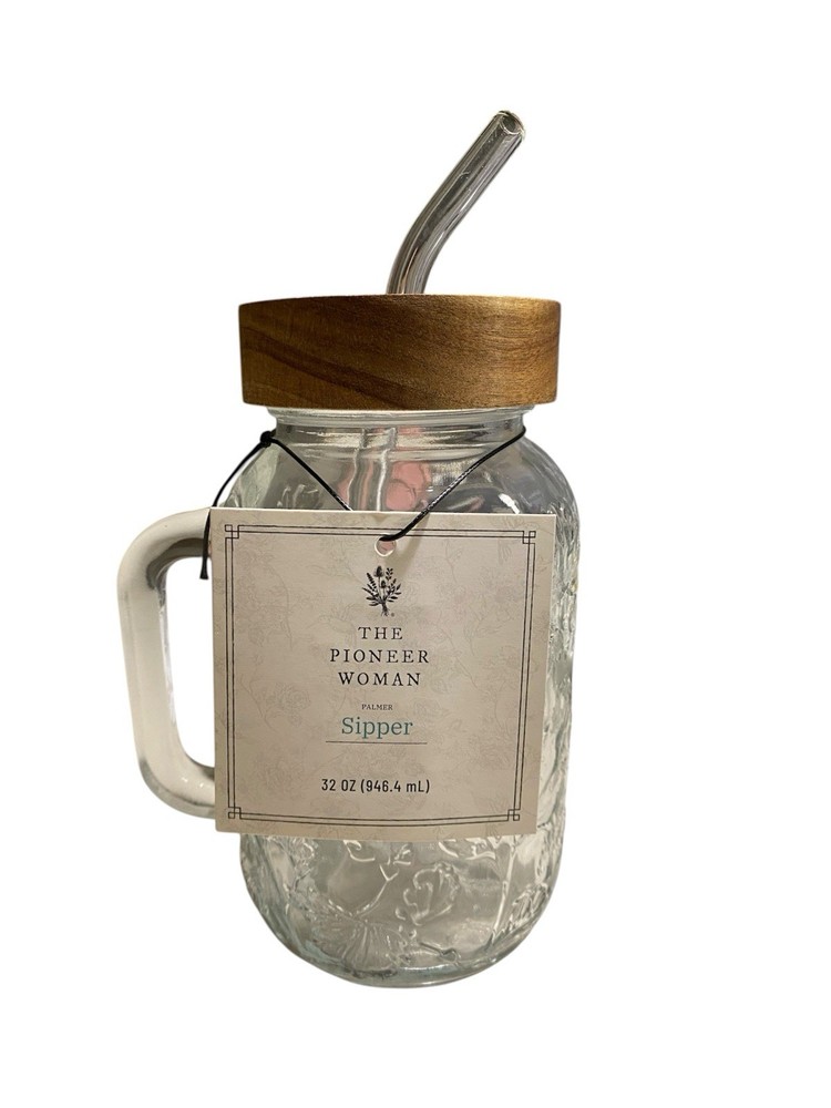 The Pioneer Woman PALMER 32 Oz Glass Mason Jar Mug w/Handle ~ Lid & Straw ~ NWT