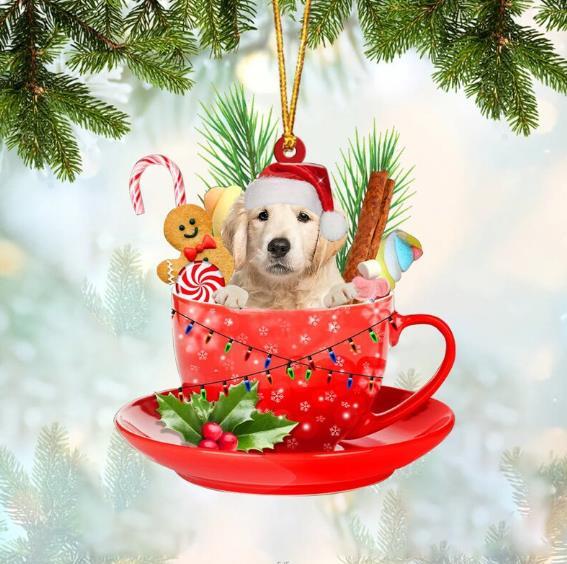 Golden Retriever In Cup Merry Christmas Flat Acrylic Dog Ornament