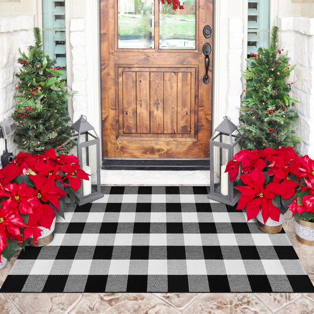 Buffalo Plaid Area Rug 3X5 Front Door Mat Black and White Checkered Rug Washable
