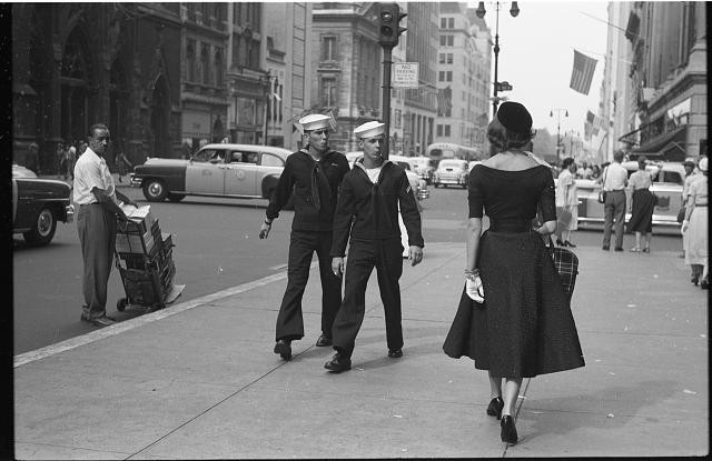 Photo:New York City 1950s Sailors and Fashion Model on Street Manhattan