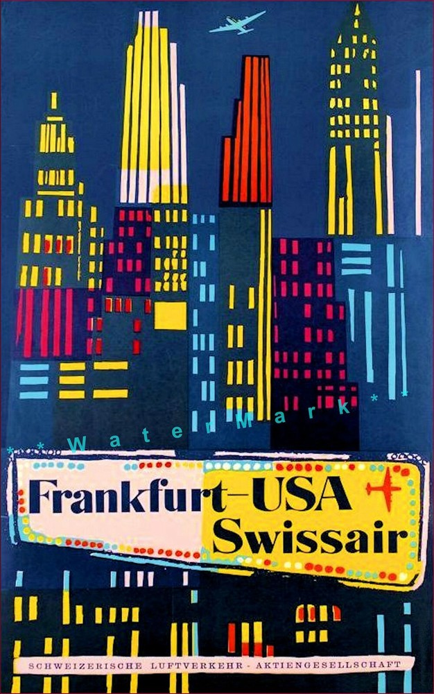 Frankfurt to USA 1950 Swiss Travel Vintage Poster Print Retro Style Tourism