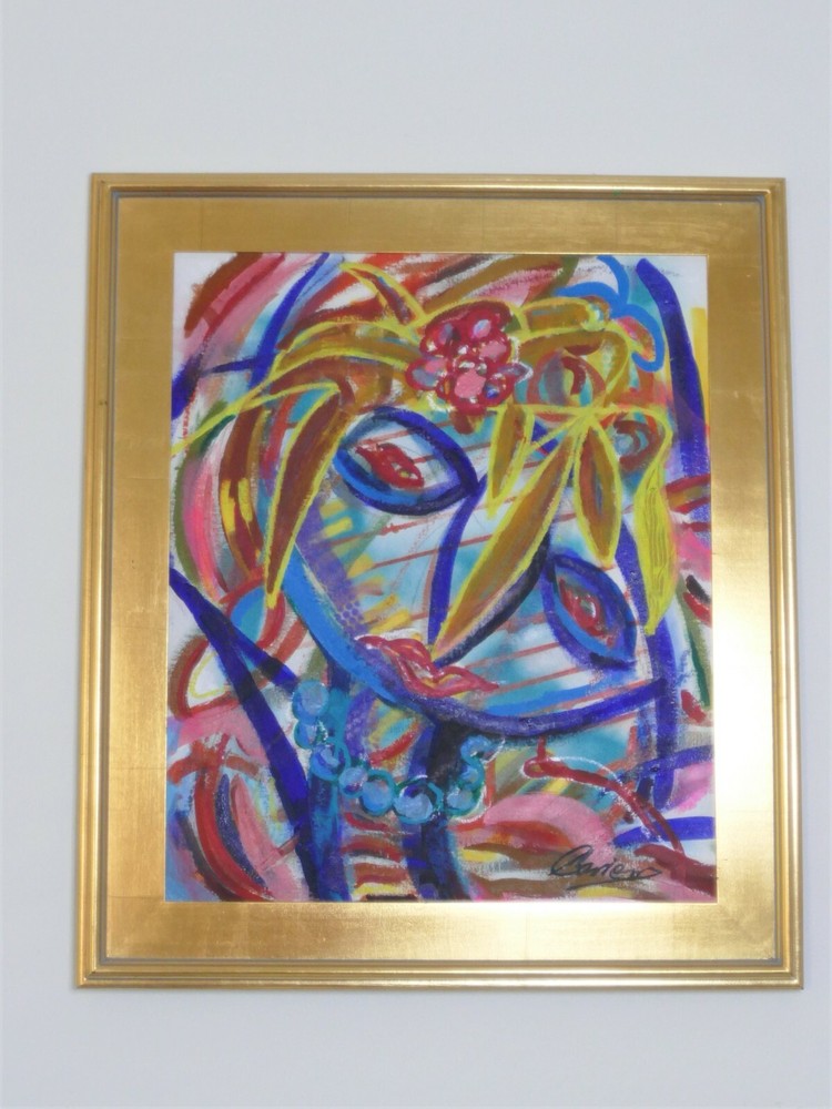 Modern art abstract acrylic painted gallery finish with frame gold ready to hang-image