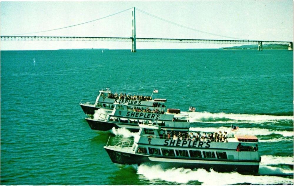 Shepler's Mackinac Island Ferry Boats Mackinac Bridge Michigan Postcard