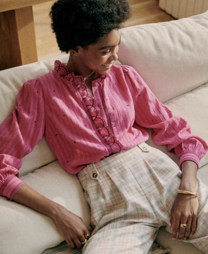 The Sezane Mathilda Pink Dobby Embroidered Blouse Size 34