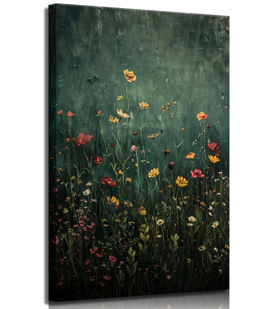 Vintage Wildflower Canvas Wall Art Moody Dark Green Flower Botanical Painting...