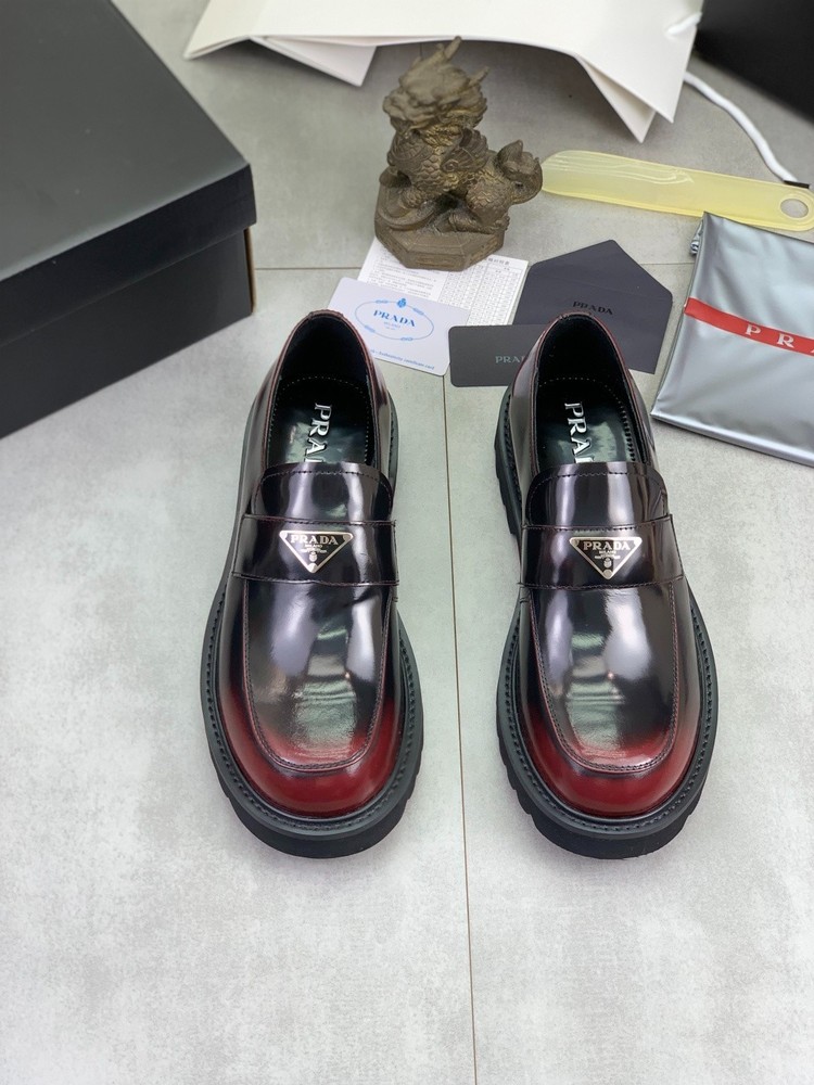 PRADA Triangle Logo Brushed Leather Loafers Burgundy Black Full Sizes