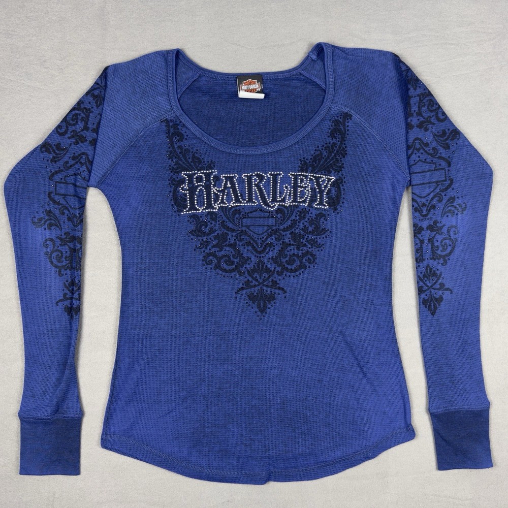 Vintage Harley Davidson Top Women's XL Navy Rhinestone Logo Long Sleeve Y2K