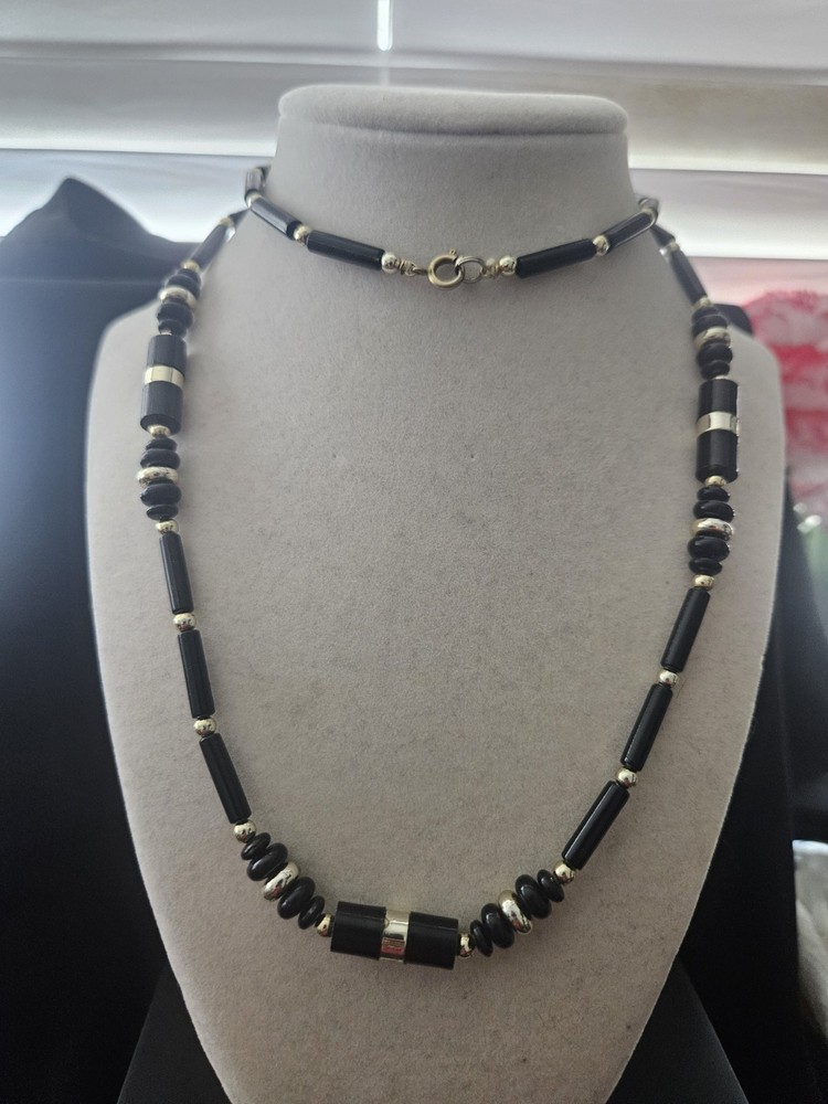 Vintage-style Black, Gold-tone And Silver-Tone Beaded Necklace
