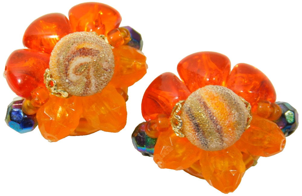 Vintage West Germany Orange Lucite and Swirled Sugar Bead Clip On Earrings