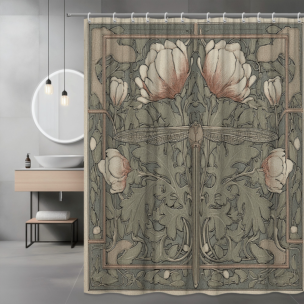 Art Nouveau Dragonfly Floral Shower Curtain, Vintage Style Print