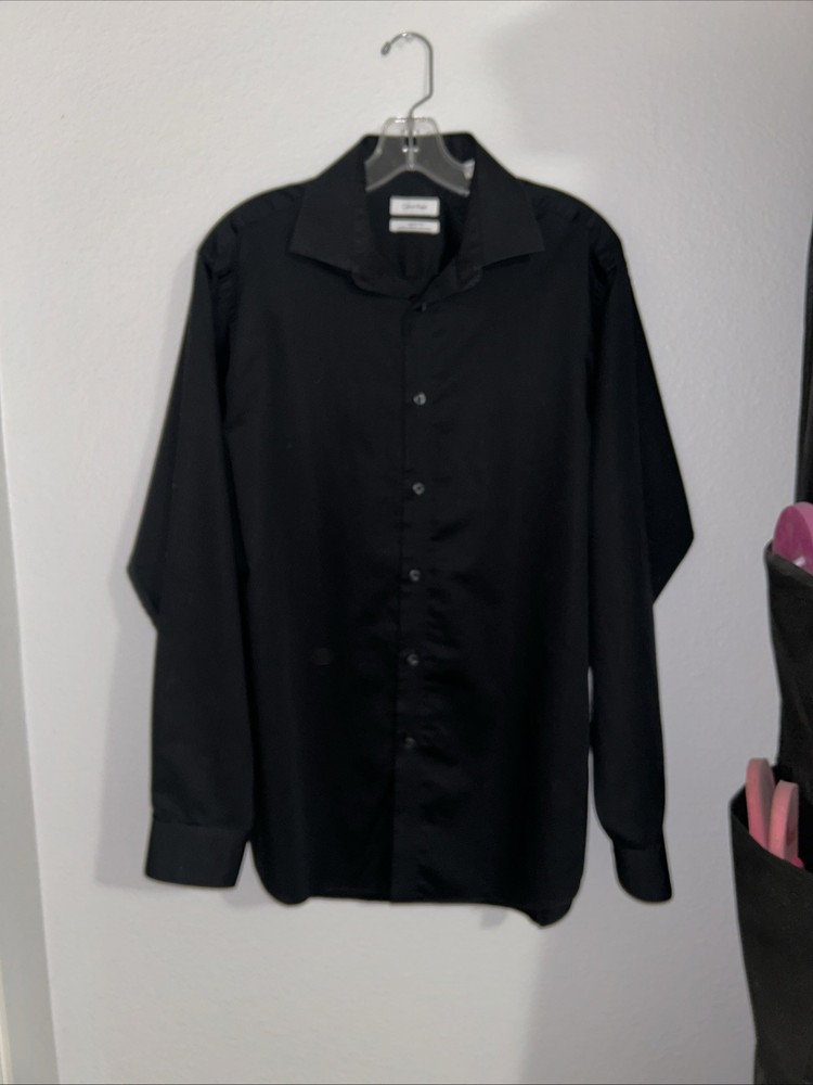 Calvin Klein Men’s Black Button Down Dress Non-iron Cotton Shirt Size 16 34/35