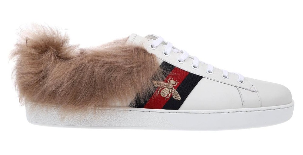Gucci Ace Men's White Leather Sneakers with Fur Lining & Bee Logo Size 14-image