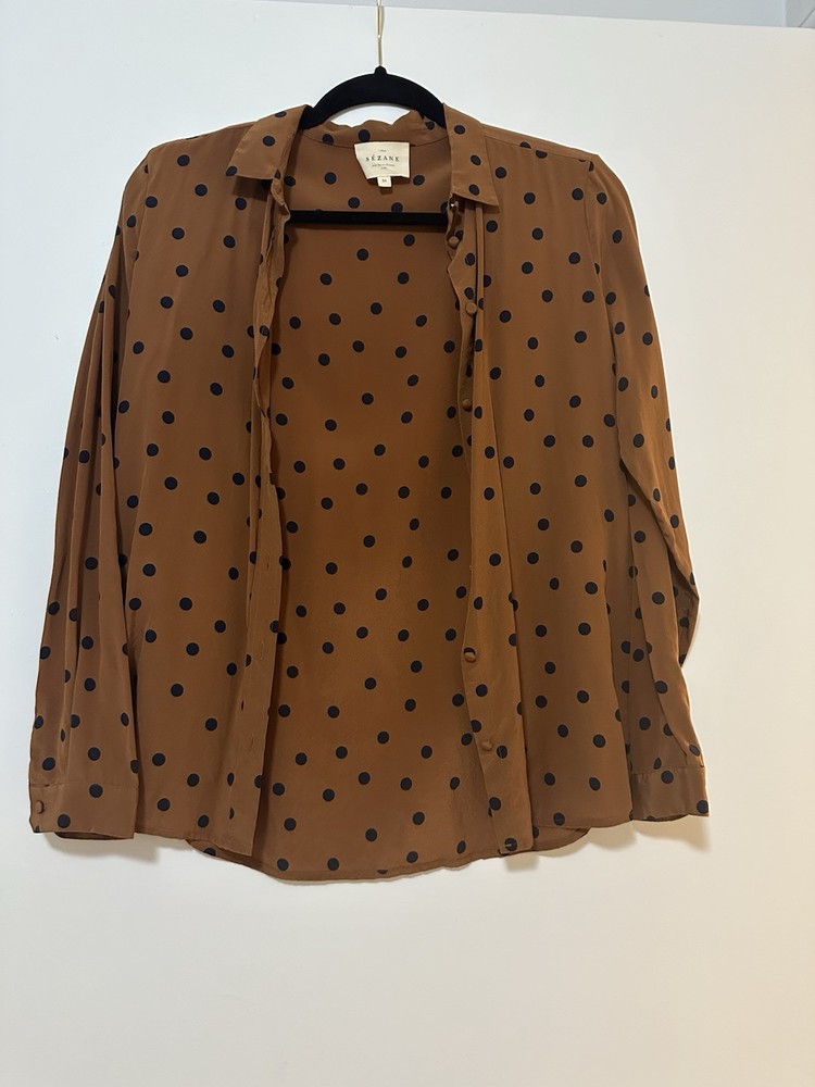Sézane Women’s 100% Silk Blouse Shirt Brown Navy Polka Dot Size 34 Xs
