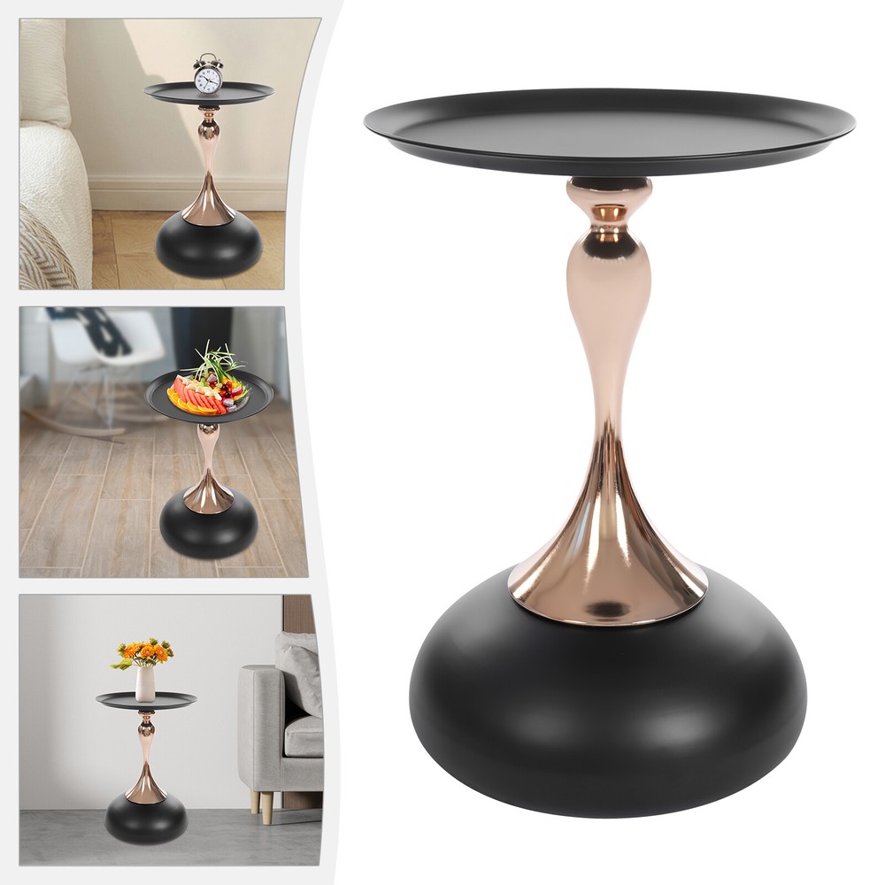 Black Metal Round End Table with Large Tray for Living Room or Yard