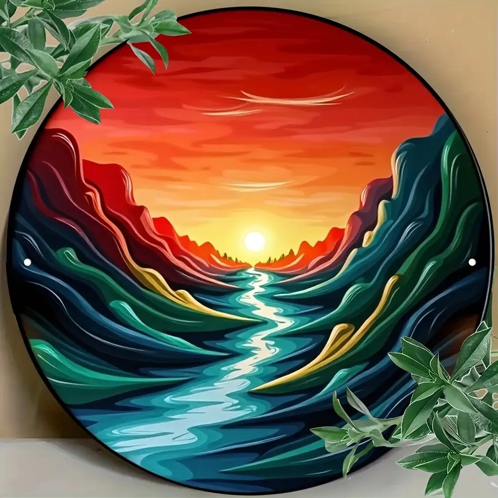 Abstract Sunset River Mountain Painting Metal Wall Art Vibrant