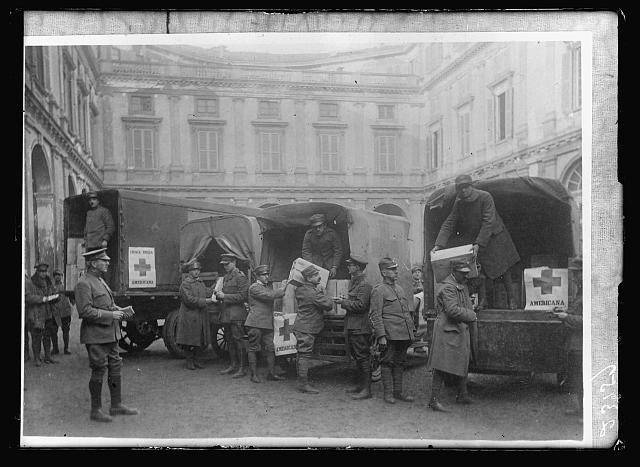 Photo:Milan Italy 1918 American Red Cross Vans at Warehouse