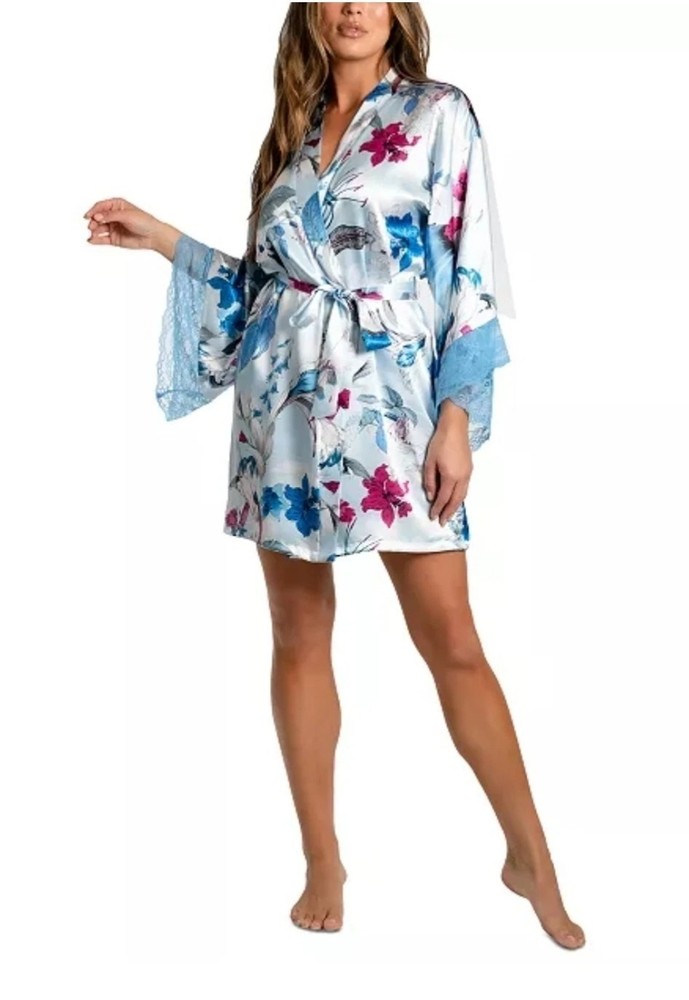 Linea Donatella Women's Ayanna Satin Lace-Trim Robe - Blue S/M