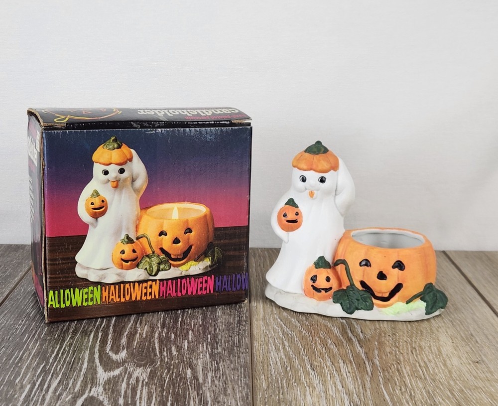 Ceramic Pumpkin Ghost Tea Light Candle Holder -  Vintage Halloween Decor