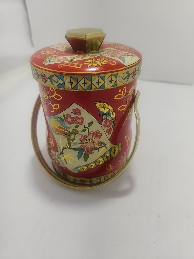 VTG Red Murray Allen Floral Tin Lid Handle Storage Stash Cottage Farmhouse Shabb