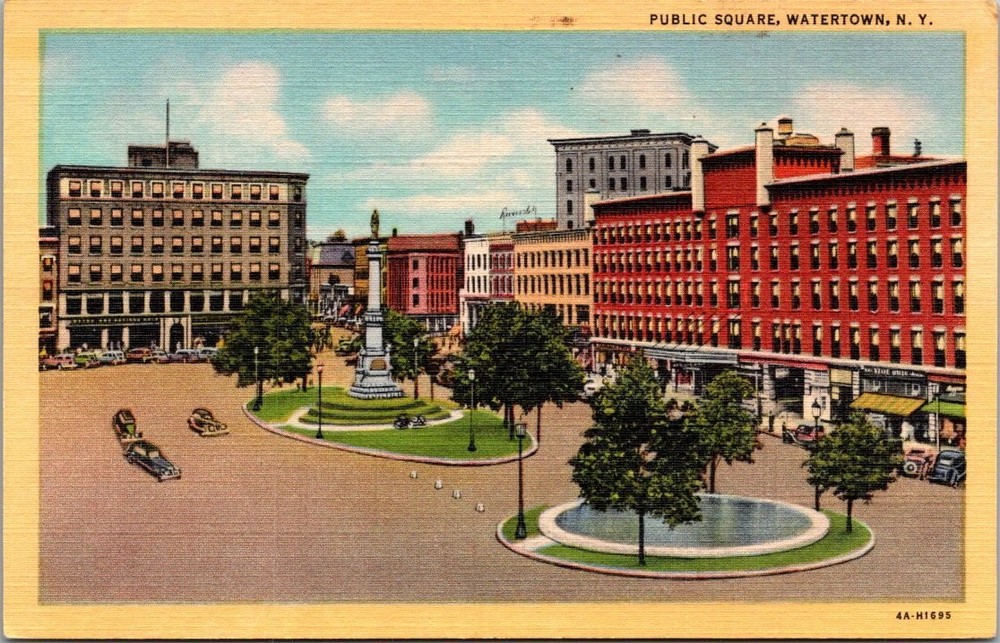 Vintage Watertown NY Public Square Curteich-Chicago Art-Colortone Postcard