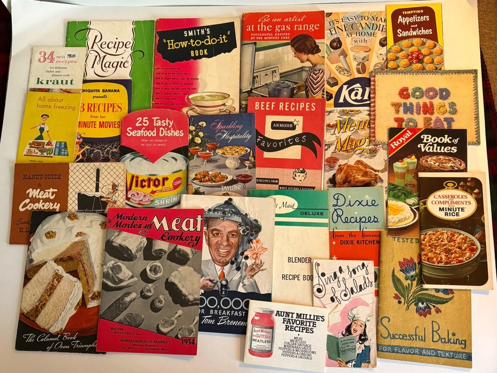 Lot of 24 Vintage Cookbooks Recipe Booklets Pamphlets 1930s-80s Softcover