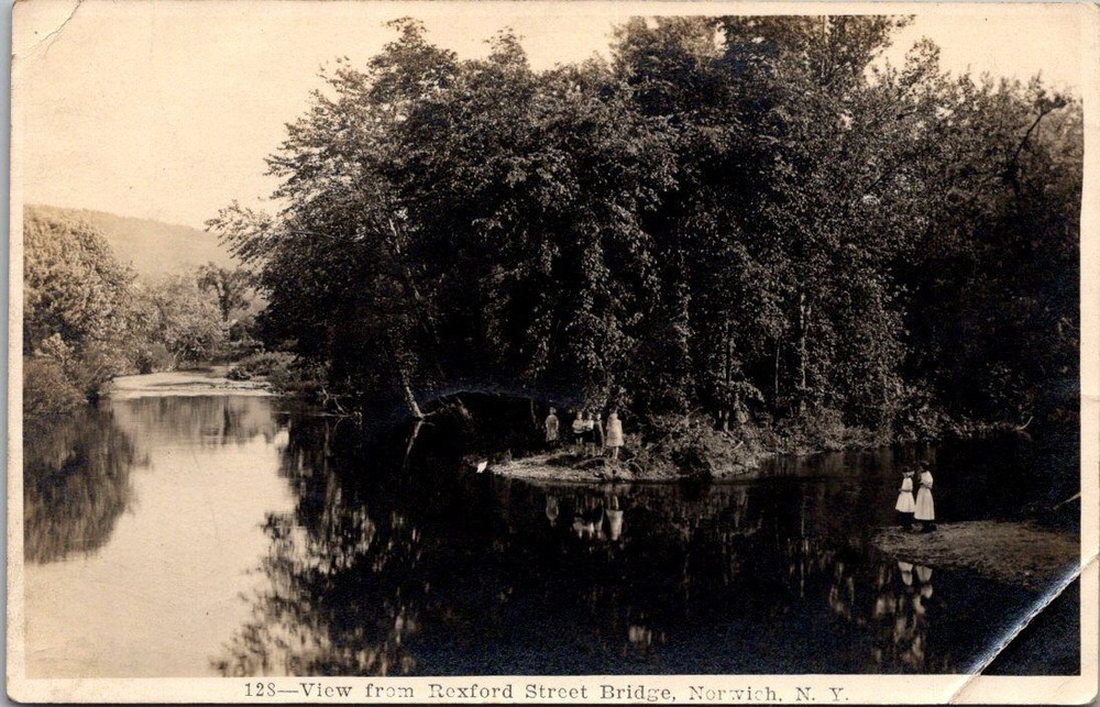 Norwich NY Rexford Street Bridge River View People Vintage Postcard