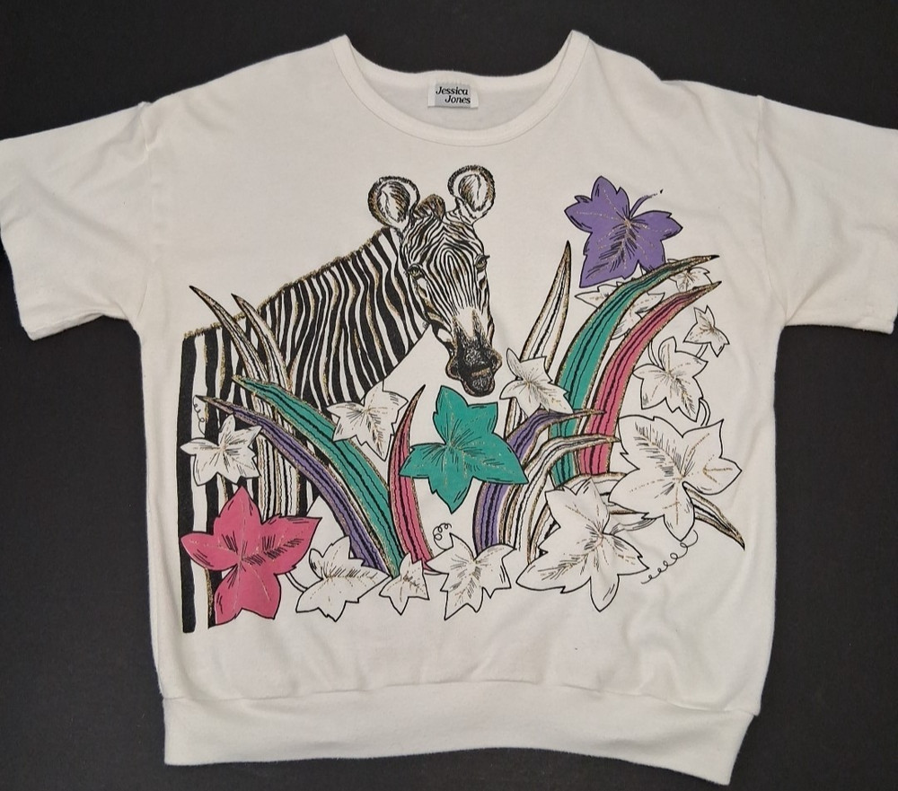 Vintage 80's Jessica Jones Zebra Wildlife Single Stitch Women's Large White