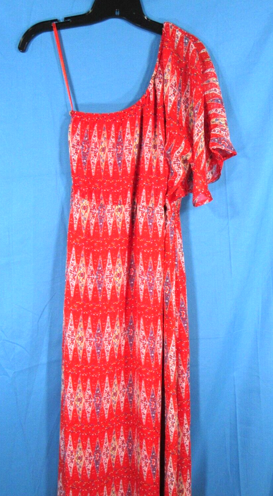 YA LOS ANGELES Lined SILK BLEND Red/Multi ONE-SHOULDER Maxi Blouson Dress Sz S