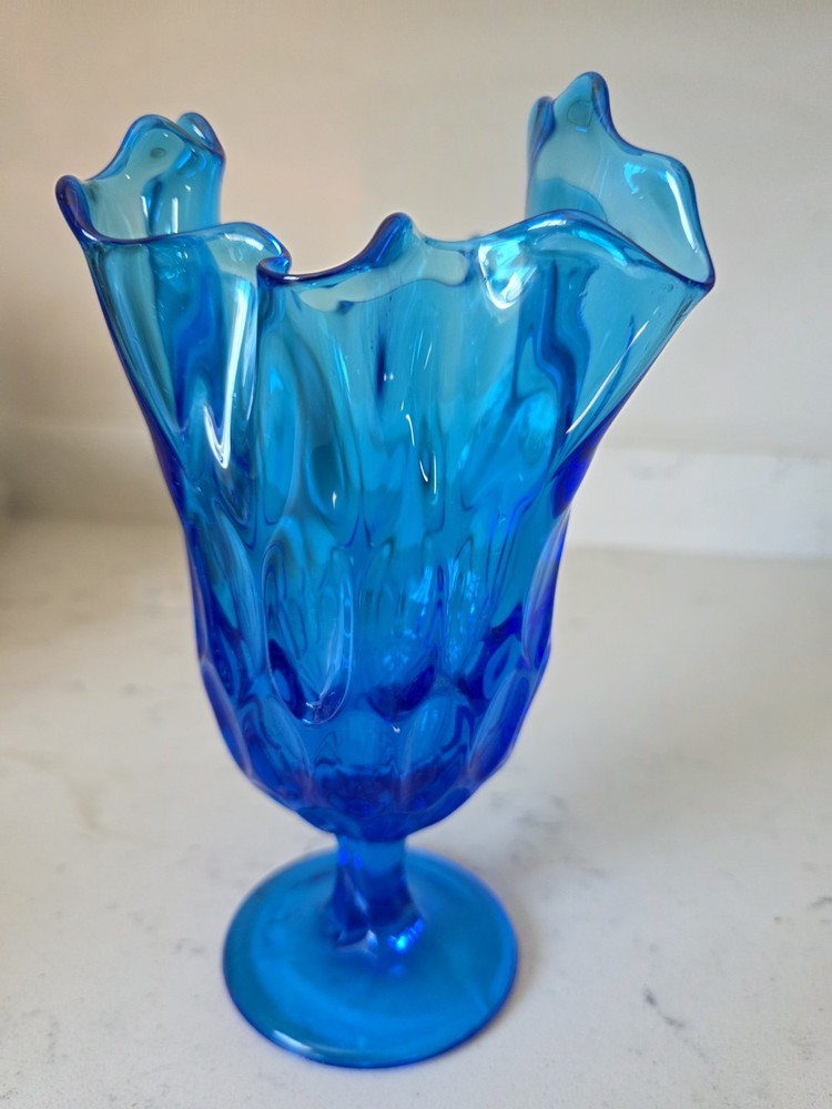 Vintage MCM Fenton Colonial Blue Glass Thumbprint Handkerchief Swung Vase 8