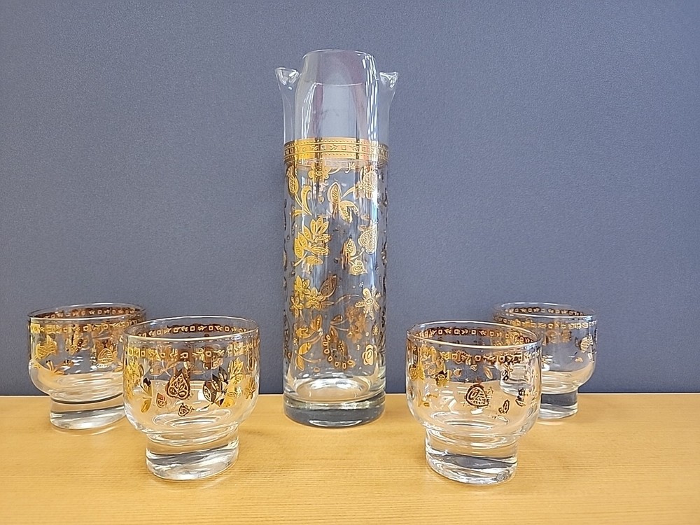 VTG Culver Chantilly MCM 22 KT Gold inlay 5pc Barware Martini Set