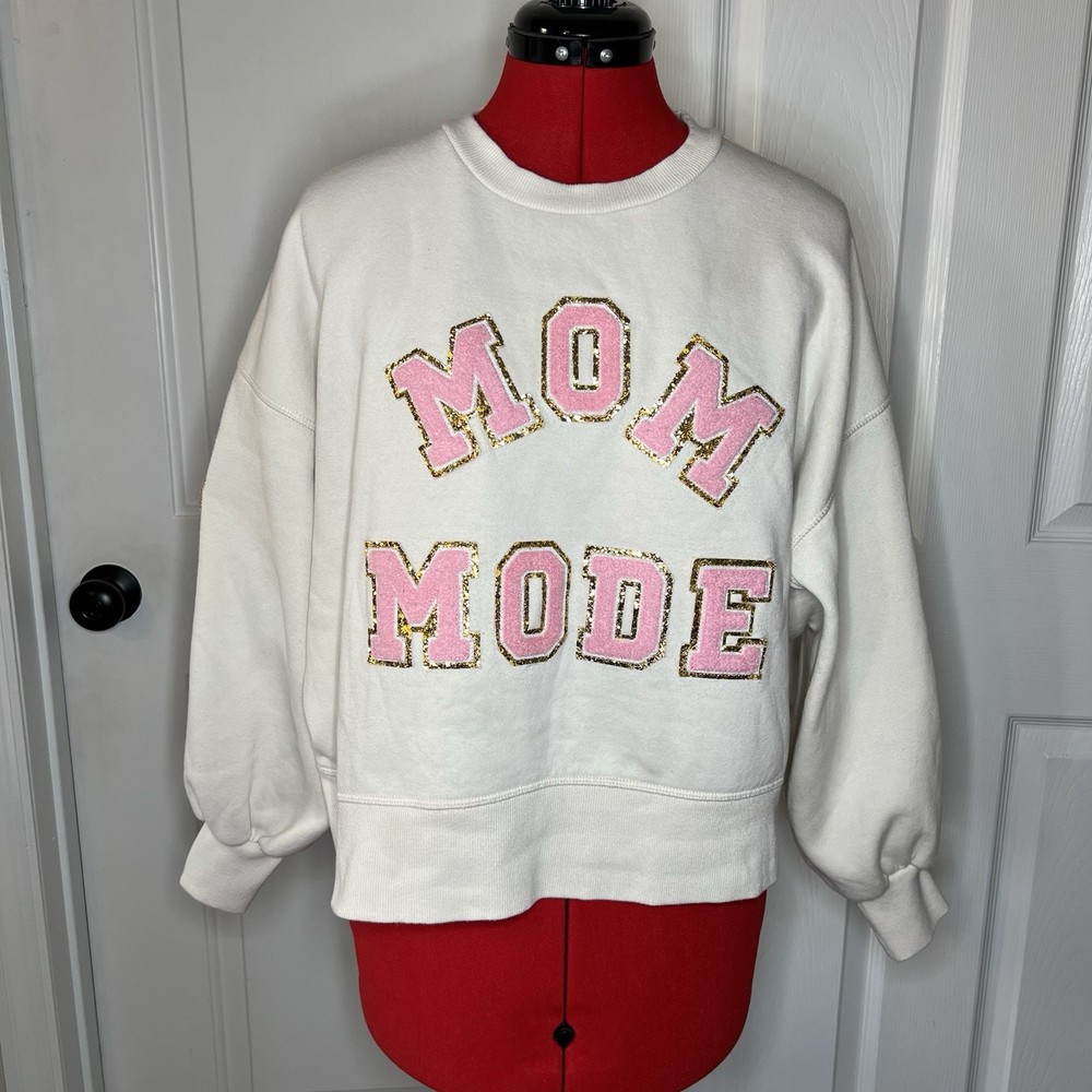 Judith March Mom Mode Beige & Pink w/ Gold Crewneck Sweatshirt Womens S
