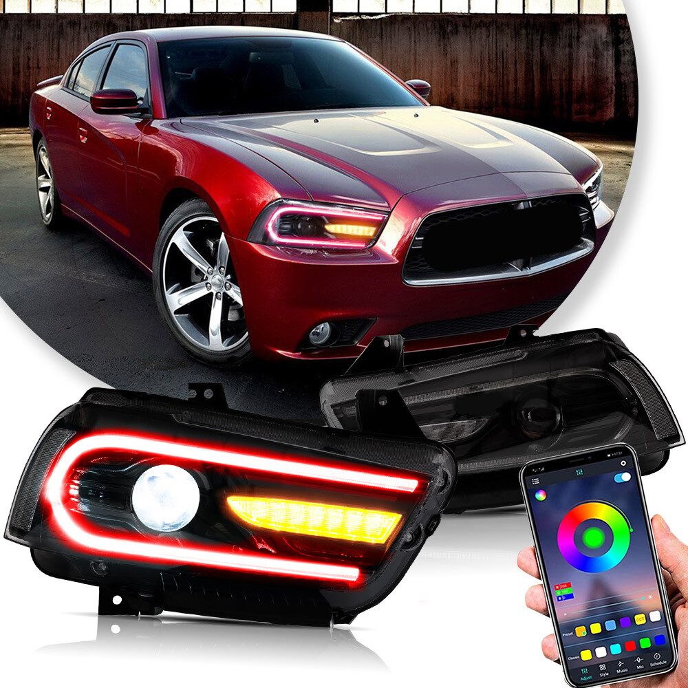 Pair VLAND LED DRL Headlights for Dodge Charger 2011-2014 Dual Beam W/Sequential