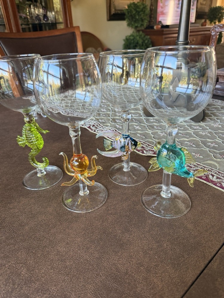 Whimsical Sea Creature Wine Glasses. Hand Blown Glass. Set of 4
